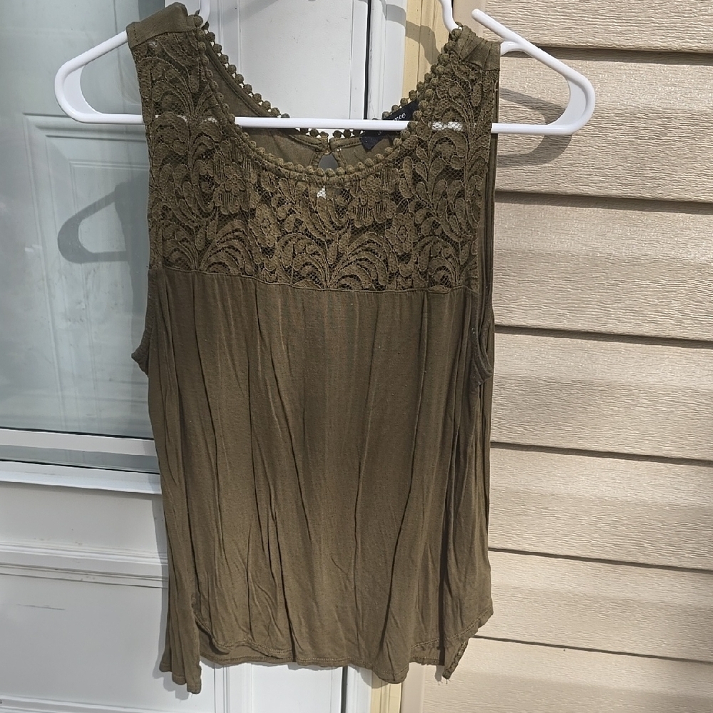 Ambiance Women's Olive Green Lace Detail Tank Top - Juniors Large
